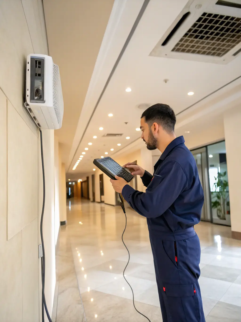 A technician in San Diego wearing a SanDiegoACDuctMasters uniform, performing AC repair on a residential unit, with tools and diagnostic equipment visible.