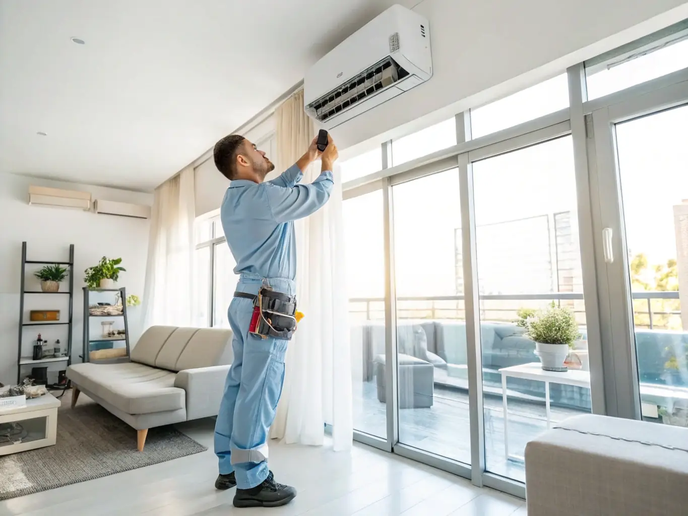 A technician meticulously inspecting an air conditioning unit in a residential setting, with tools and diagnostic equipment visible, highlighting the precision and care taken during AC repair services.