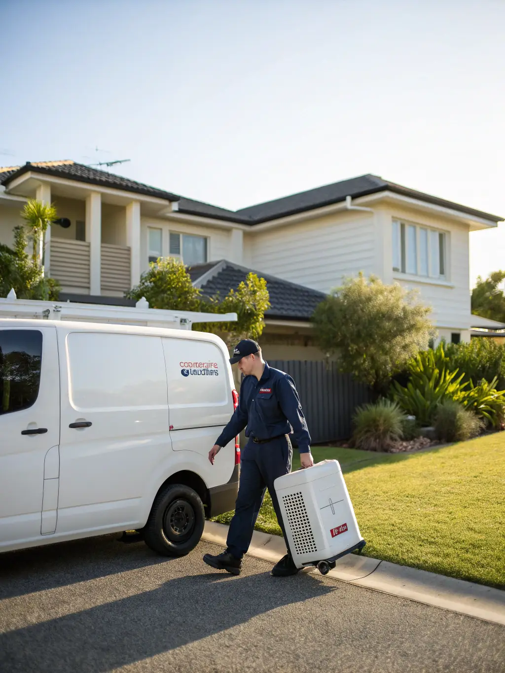 A SanDiegoACDuctMasters emergency service van arriving at a customer's home in San Diego at night.