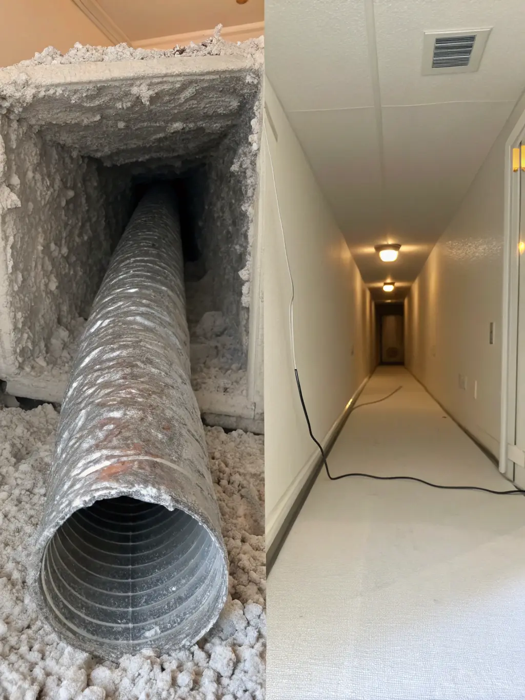 A before-and-after shot of air ducts, showing the significant difference after a professional cleaning by SanDiegoACDuctMasters.