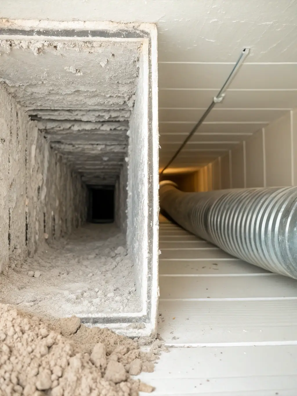 A before-and-after photo showcasing the cleanliness of air ducts after San Diego AC Duct Masters' cleaning service.