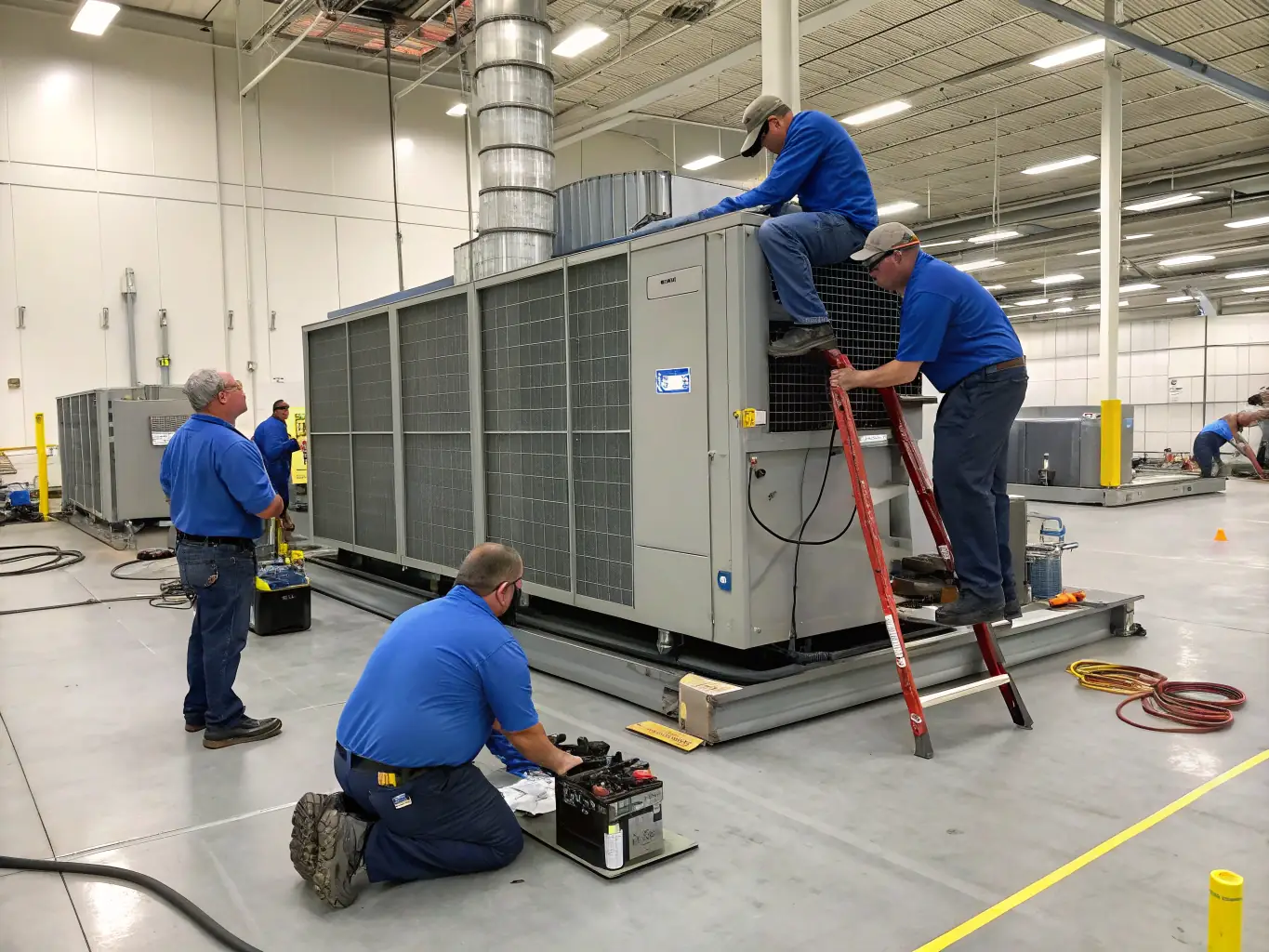 A modern, energy-efficient HVAC system being installed in a commercial building, with technicians carefully connecting ductwork and electrical components.